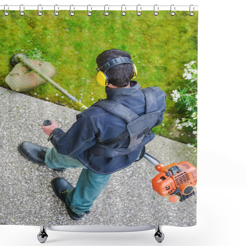 Personality  Gardener Using Corded String Trimmer In A Park Shower Curtains