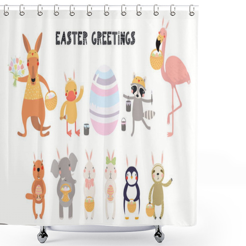 Personality  Big Easter Set With Cute Animals And Eggs With Flowers And Quotes Isolated On White Background. Hand Drawn Vector Illustration. Scandinavian Style Flat Design. Concept For Kids Holiday Print  Shower Curtains