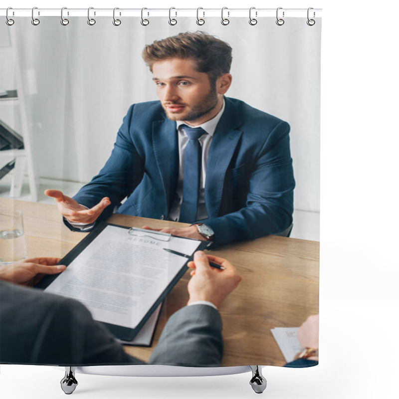 Personality  Selective Focus Of Employee In Suit Looking At Recruiter With Resume At Table Shower Curtains