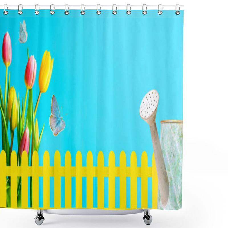 Personality  Spring Gardening Background. Growing Tulips And Flying Butterflies, Yellow Fence And Watering Can On Blue Background. Gardening Theme Background. Copy Space. Shower Curtains