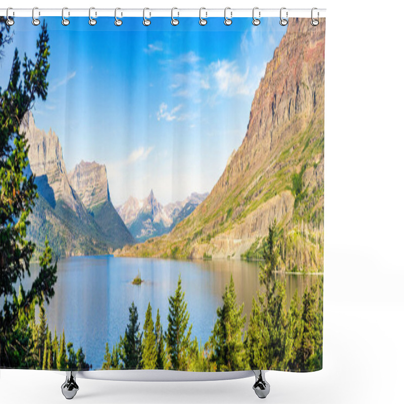 Personality  Sunrise Panorama Of St. Mary Lake And Wild Goose Island In Glacier National Park, Montana With Fusillade, Gunsight, Dusty Star, Little Chief And Mahtotopa Mountains In The Background. Shower Curtains