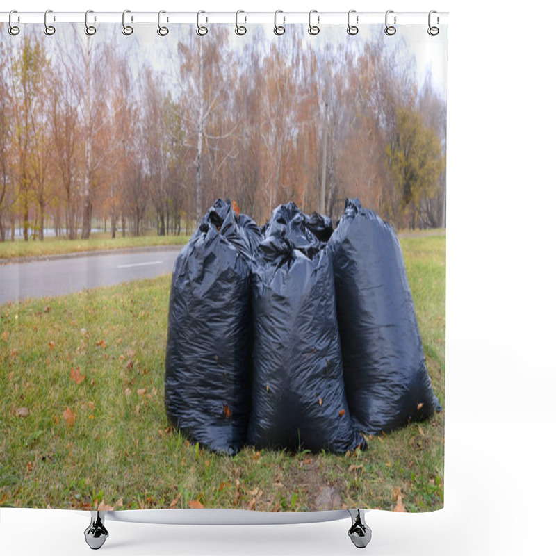 Personality  Black Plastic Bags Full Of Autumn Leaves. Large Black Plastic Trash Sacks With Fallen Dried Leaves Stand On The Grass. Seasonal Cleaning Of City Streets From Fallen Leaves. Cleaning Service. Shower Curtains