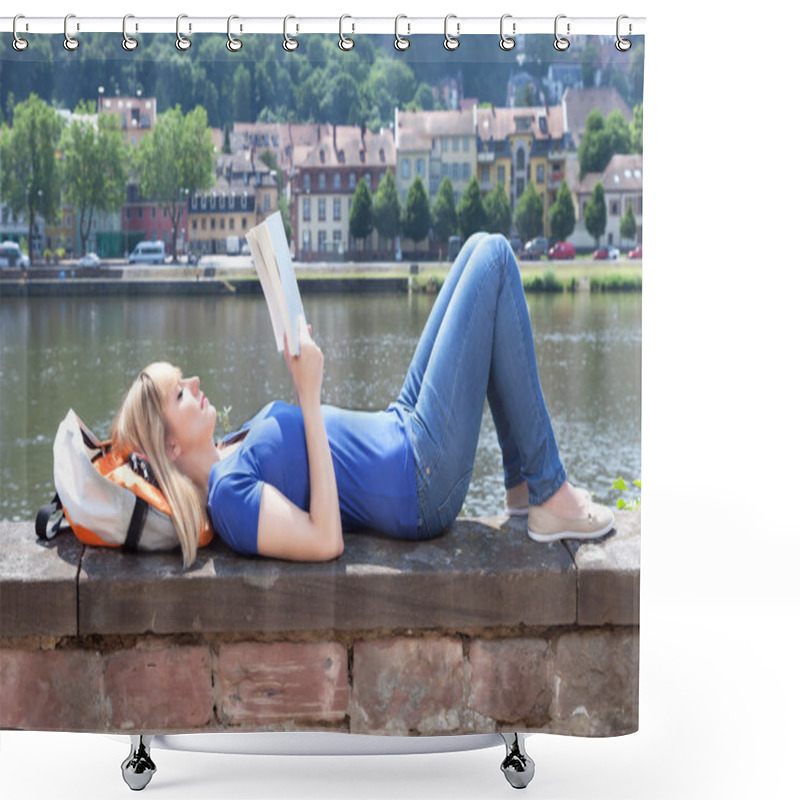 Personality  Woman With Blonde Hair Reading A Book On A River Shower Curtains