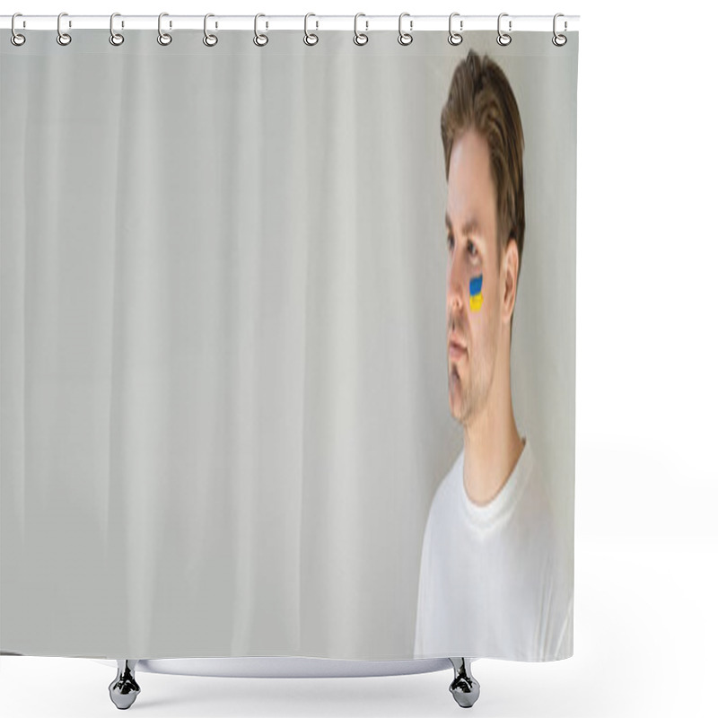 Personality  Young Man With Ukrainian Flag Painted On Face Isolated On Grey With Copy Space, Banner Shower Curtains