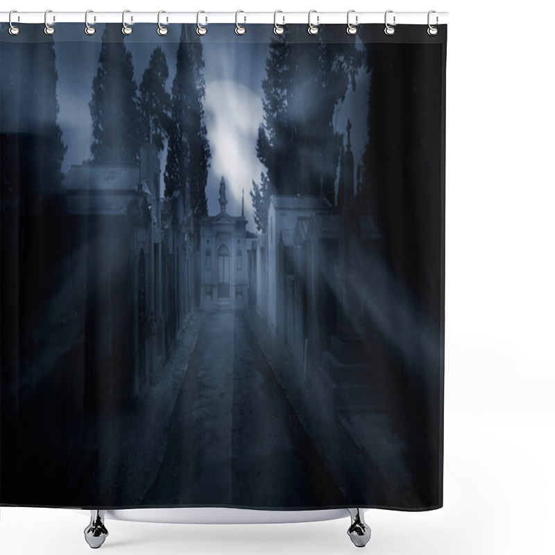 Personality  Street Of An Old European Cemetery In A Foggy Full Moon Night Shower Curtains