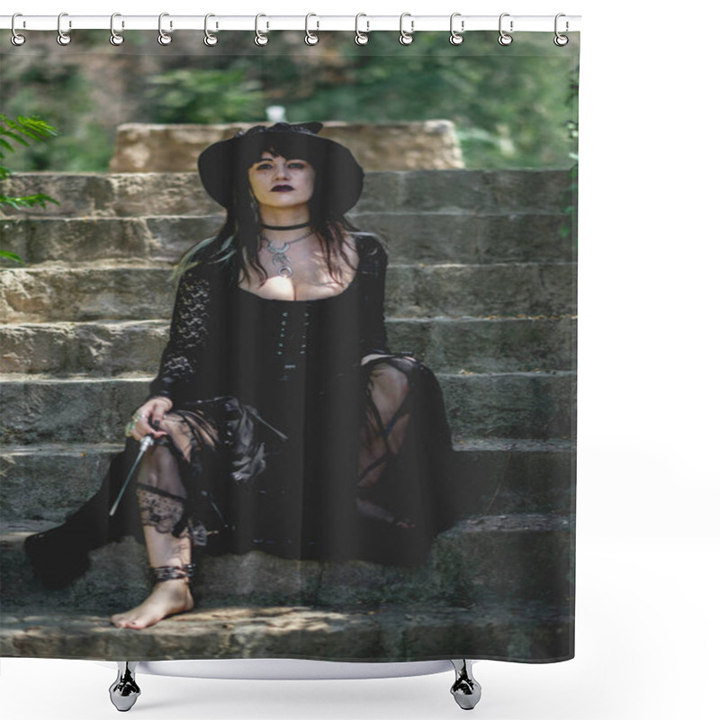 Personality  Beautiful Young, Gothic, Sexy And Witch Woman From With Stylized Hands With Black Nails And Accessories, Magic Wooden Wand And Witch Hat In The Forest In A Stone Stairs Shower Curtains