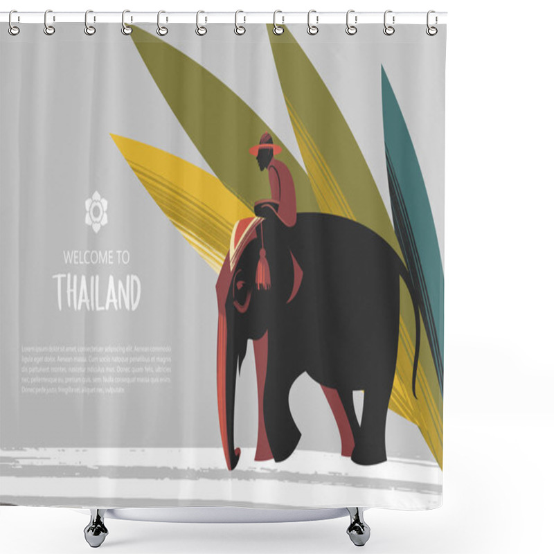 Personality  Welcome To Thailand. Travel Agency Advertising Flyer Template. Elephant With Rider On The Background Of Exotic Palm Leaves. Shower Curtains