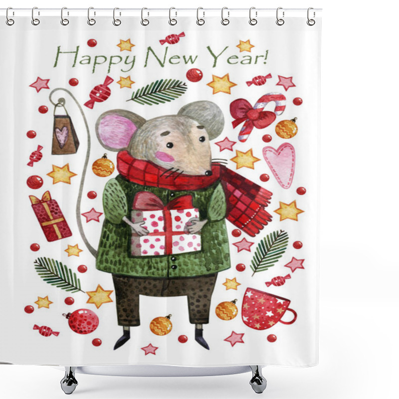 Personality  Watercolor Christmas Card With A Mouse In A Green Sweater,red Scarf And Brown Pants. Hand-drawn Mouse A Boy With New Year Gifts, Toys And Decorations On A White Background.  Shower Curtains