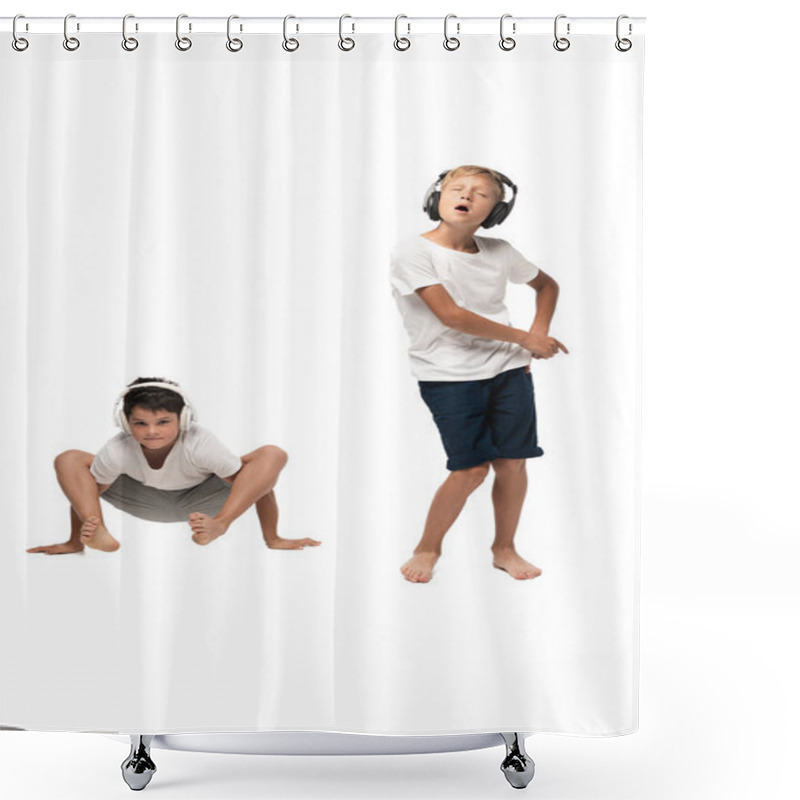 Personality  Excited Boy Singing In Headphones Near Brother Sitting In Frog Pose On White Background Shower Curtains