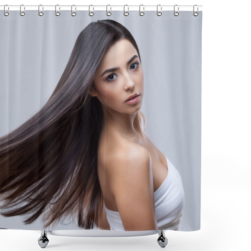 Personality  Beautiful Brunette Girl With Healthy Long Hair Shower Curtains