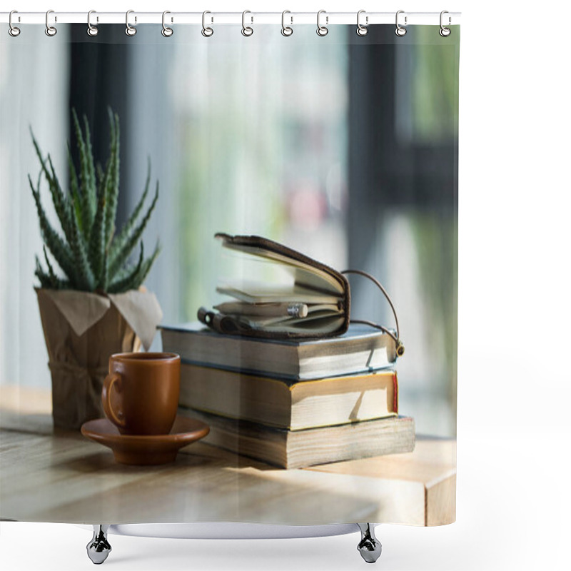 Personality  Close-up View Of Books, Notebook With Pencil And Cup Of Coffee On Wooden Table  Shower Curtains