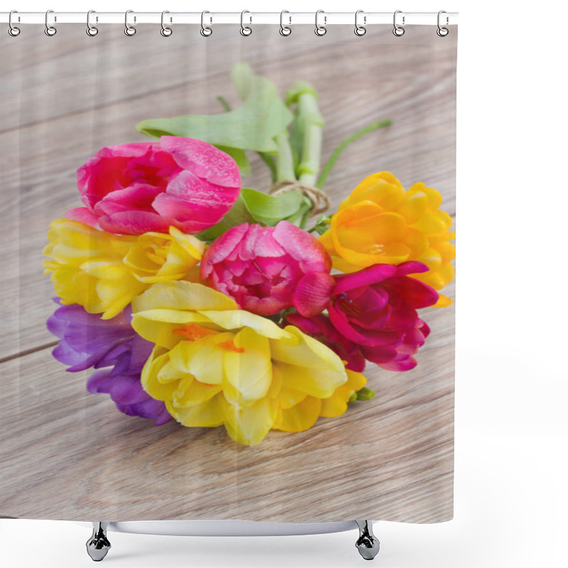 Personality  Posy  Of Spring Flowers On Wooden Table Shower Curtains