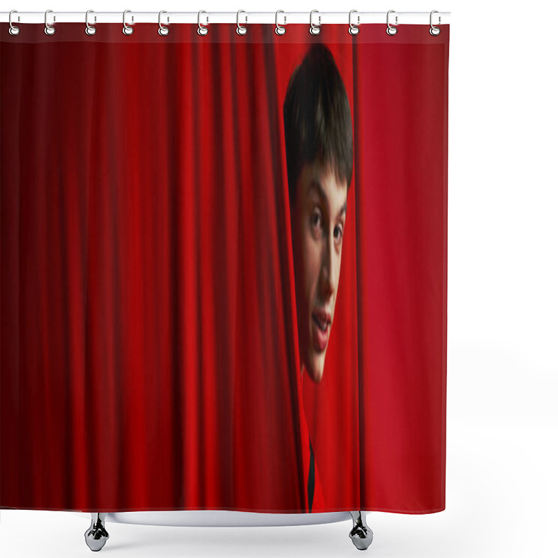 Personality  Playful Young Man In Vibrant Shirt Hiding Behind Red Curtain While Playing Hide And Seek, Banner Shower Curtains