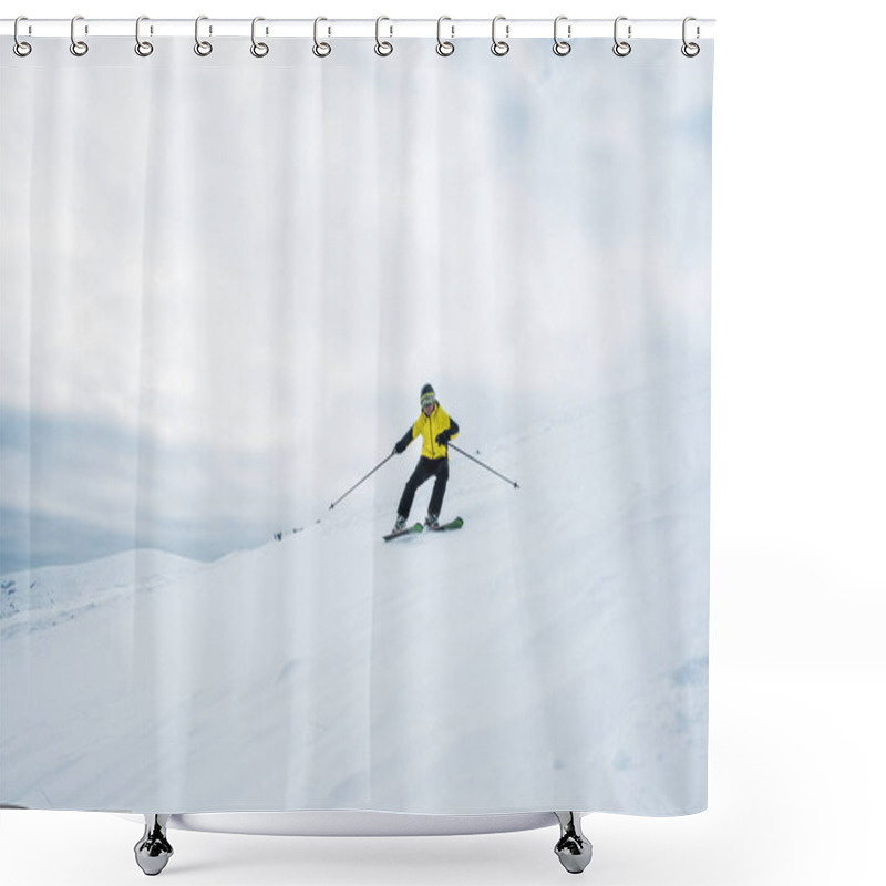 Personality  Sportsman Holding Ski Sticks And Skiing On White Slope  Shower Curtains