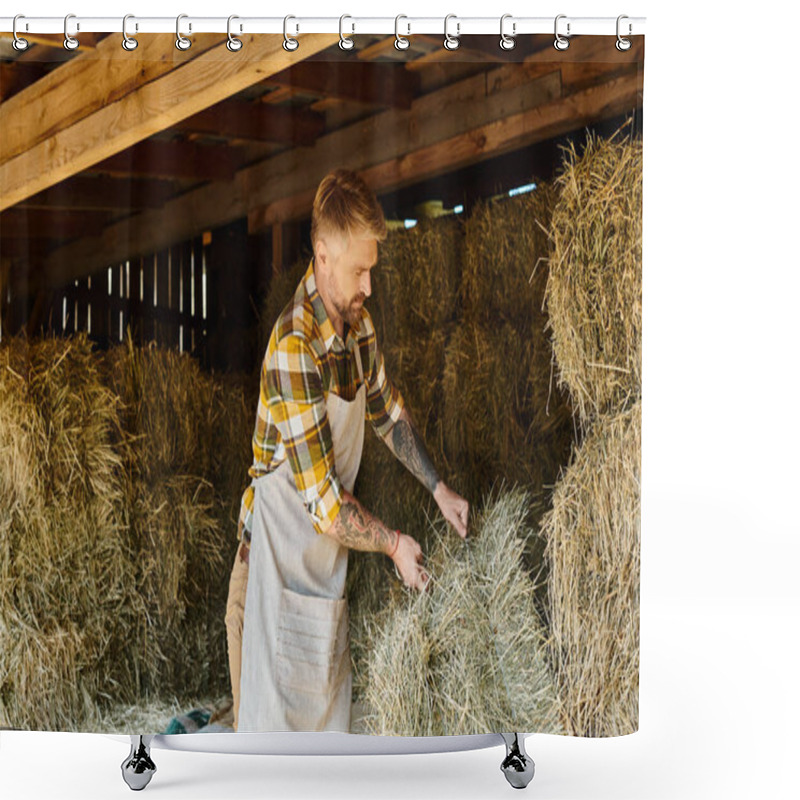 Personality  Attractive Dedicated Man With Beard And Tattoos Working With Bales Of Hay While On His Farm Shower Curtains