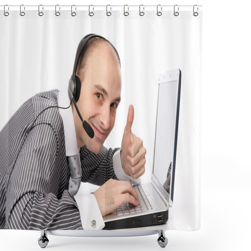 Personality  Customer Services Man With His Laptop Computer Shower Curtains