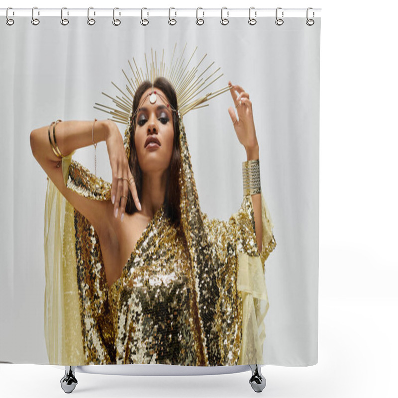 Personality  A Stunning Goddess Poses Gracefully In A Shiny Golden Dress, Showcasing Elegance And Strength In A Refined Studio. Shower Curtains