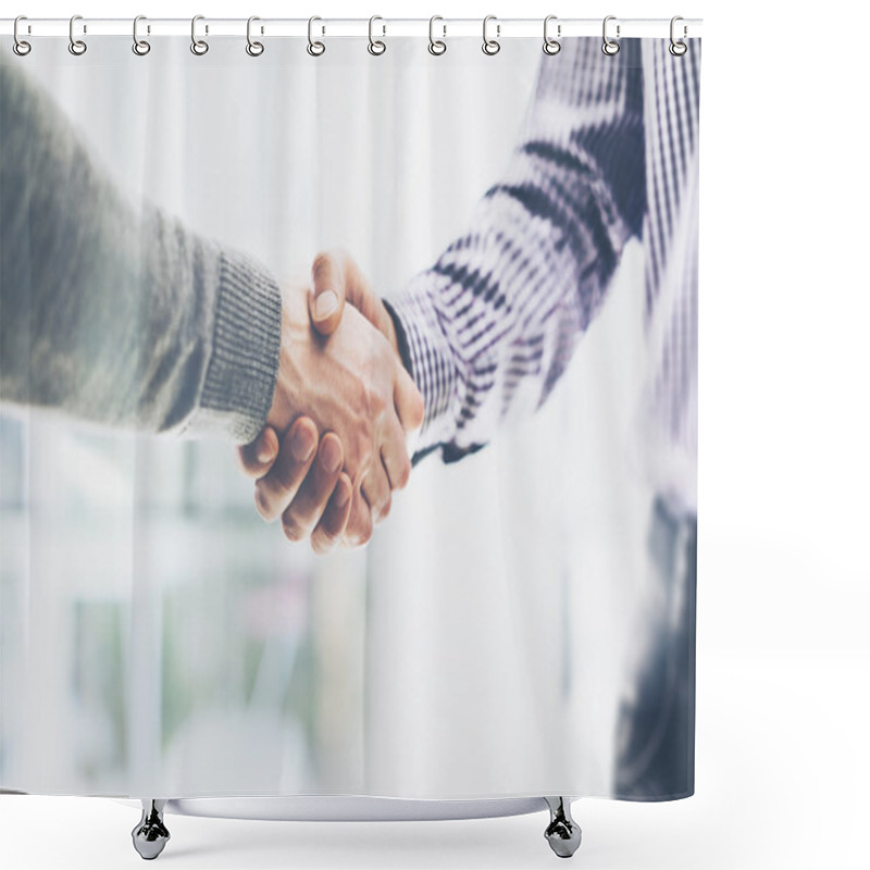 Personality  Business Partnership Meeting Concept. Image Businessmans Handshake. Successful Businessmen Handshaking After Good Deal. Horizontal, Blurred Background Shower Curtains