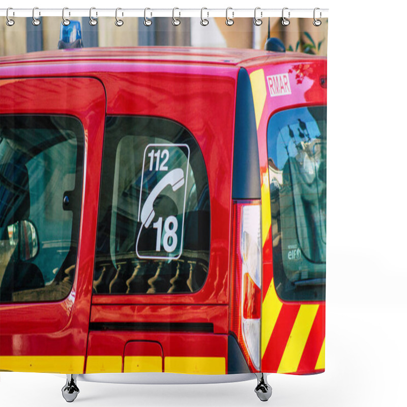 Personality  Reims France December 18, 2020 View Of A Red French Fire Truck In Intervention In Front Of The Reims Cathedral During The Coronavirus Pandemic Affecting France And The Lockdown Of The Country Shower Curtains