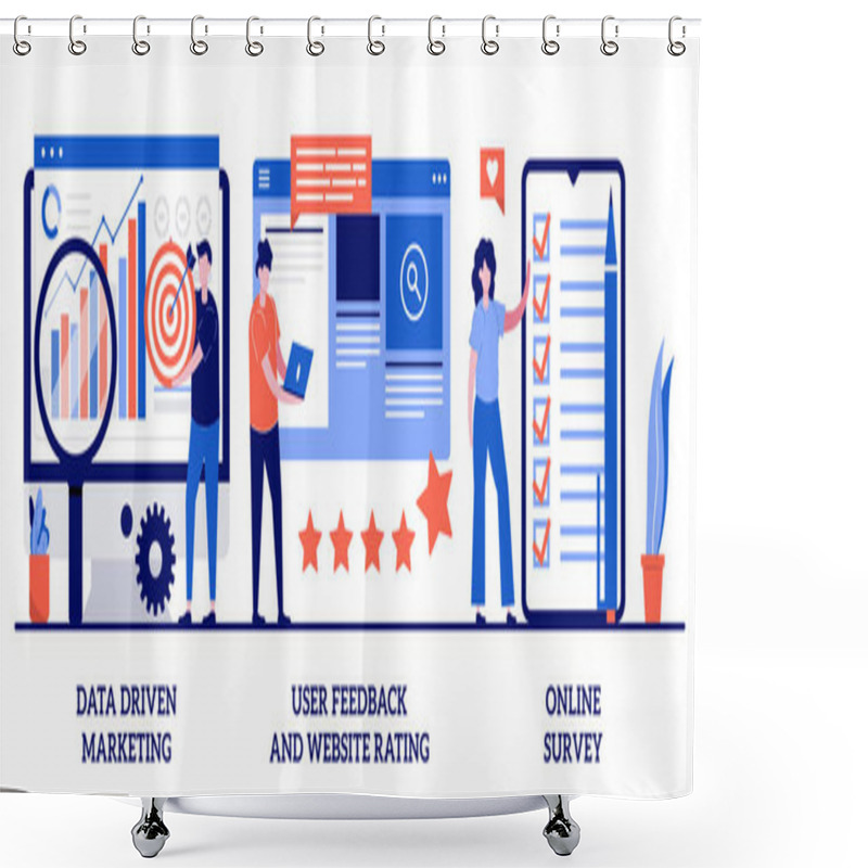 Personality  Data Driven Marketing, User Feedback And Website Rating, Online Survey Concept With Tiny People. Customer Behavior Analysis Vector Illustration Set. User Data, Marketing Research Tool Metaphor. Shower Curtains