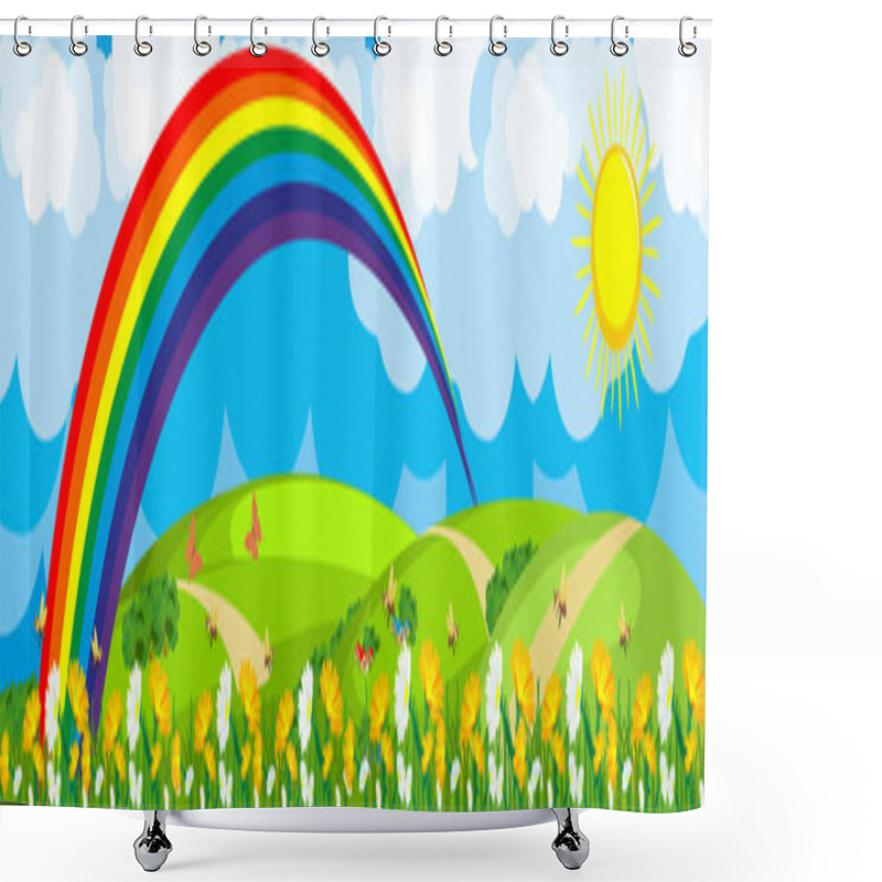 Personality  Rainbow Over The Flower Field Shower Curtains