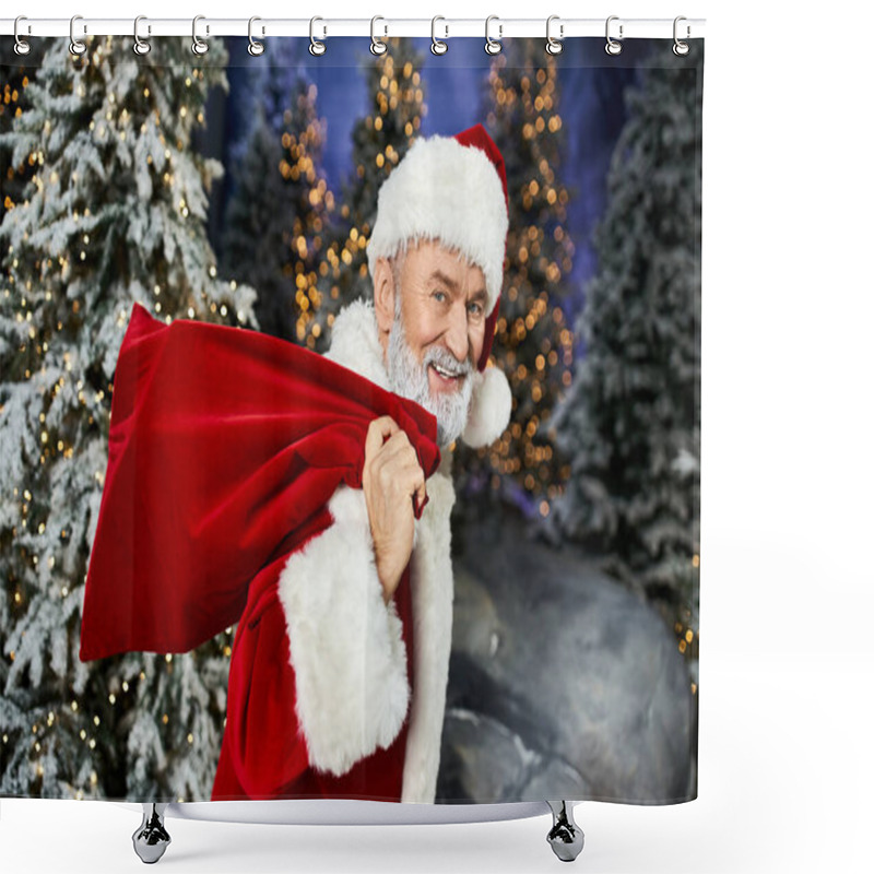 Personality  A Cheerful Santa Claus Smiles While Holding A Red Sack In A Festive Winter Landscape. Shower Curtains