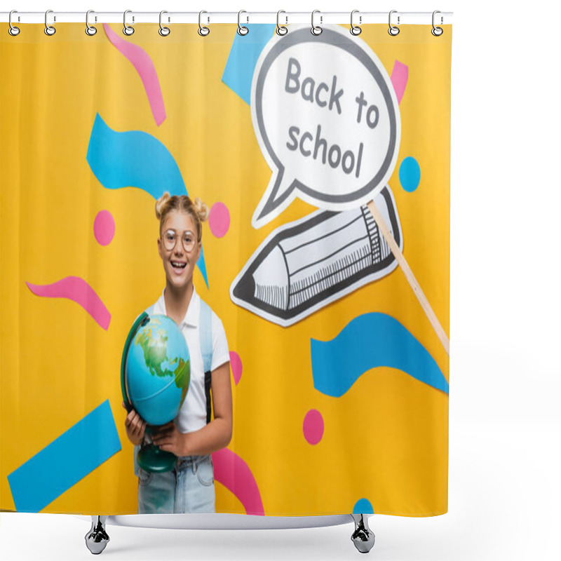 Personality  Schoolchild With Globe Looking At Camera Near Paper Art With Back To School Lettering On Yellow Background Shower Curtains