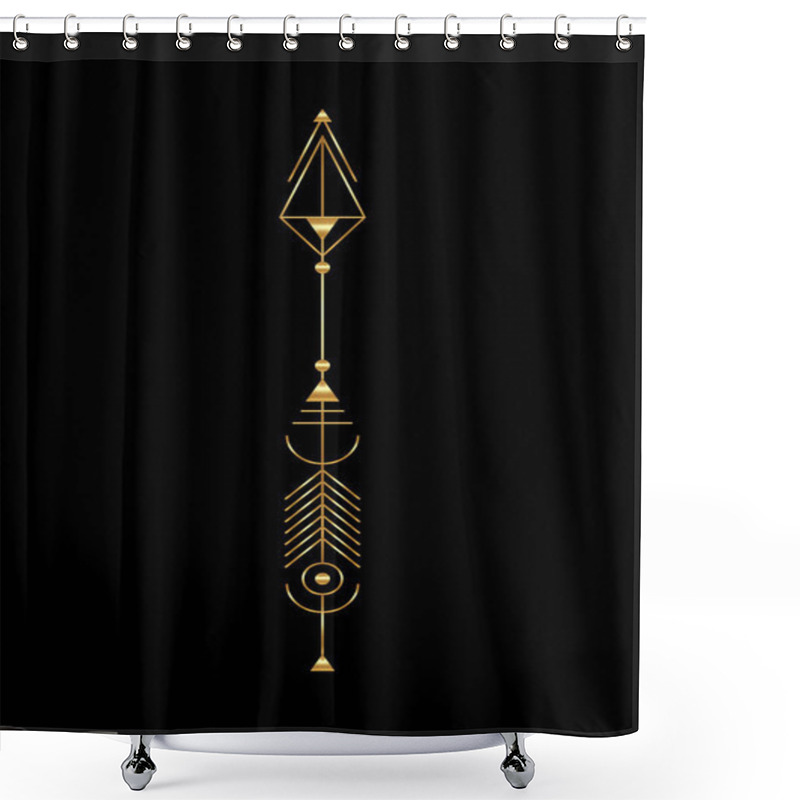 Personality  Gold Arrow Luxury Design. Vector Minimalism, Sacred Geometry Totem, Hipster Design Elements. Vector Art, Clipart. Golden Abstract Mystic Geometric Symbols Isolated On Black Background  Shower Curtains