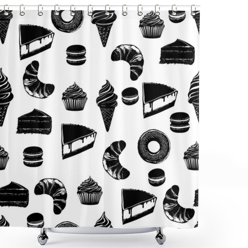 Personality  Seamless Pattern Of Desserts On Pink Background. Black And White Pastry Illustration With Pink. Stylish Food Illustration With Sweets And Pastries Shower Curtains