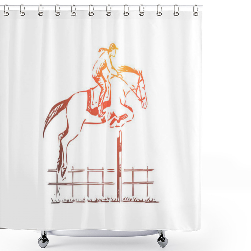 Personality  Professional Jockey On Race Track, Young Woman On Horseback, Obstacles Jumping, Training For Competition Shower Curtains