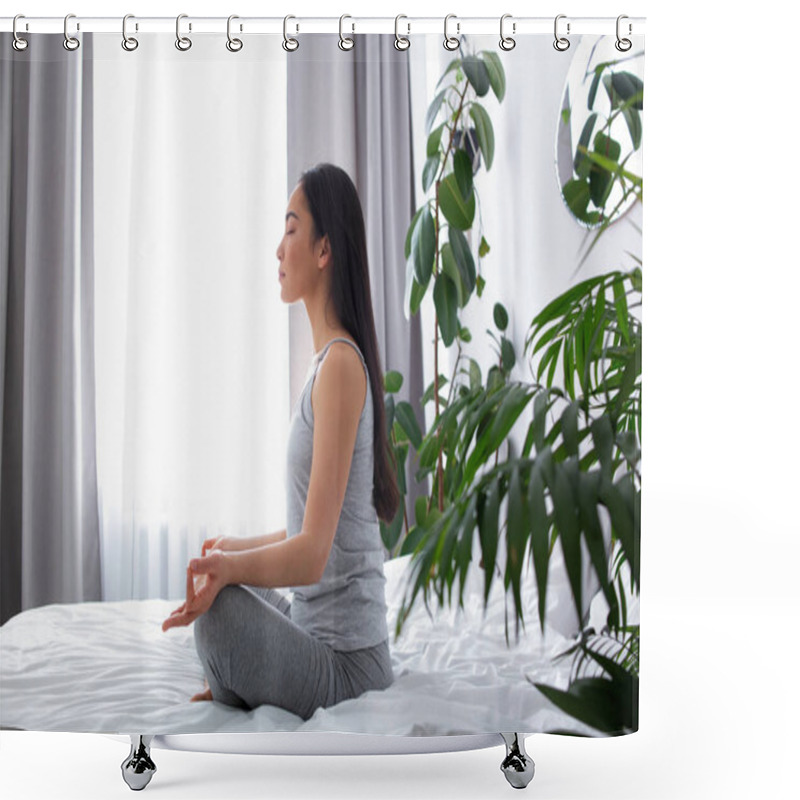 Personality  Tranquil Woman Looking For Balance With Meditation Shower Curtains