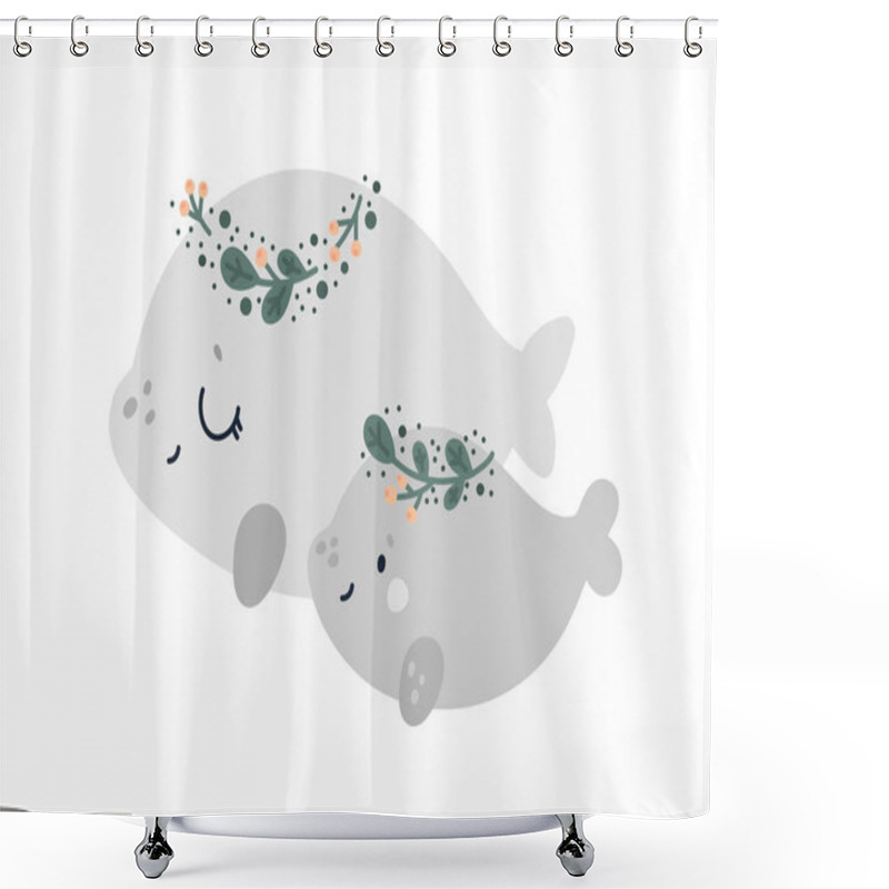 Personality  Cute Lovely Whales Family. Baby Animal With Best Mom Ever. Group Of Ocean Animals Characters In Flat Style.  Ideal For Poster, Card, Kids Room Decoration, Invitations, Print Shower Curtains