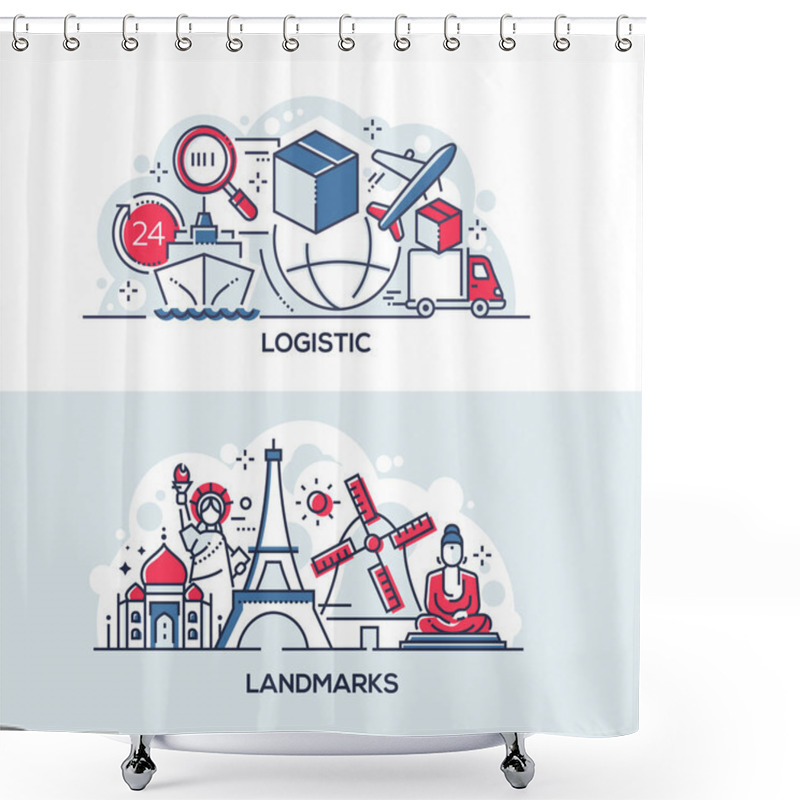 Personality  Logistics And World Famous Landmarks Banner Template Shower Curtains