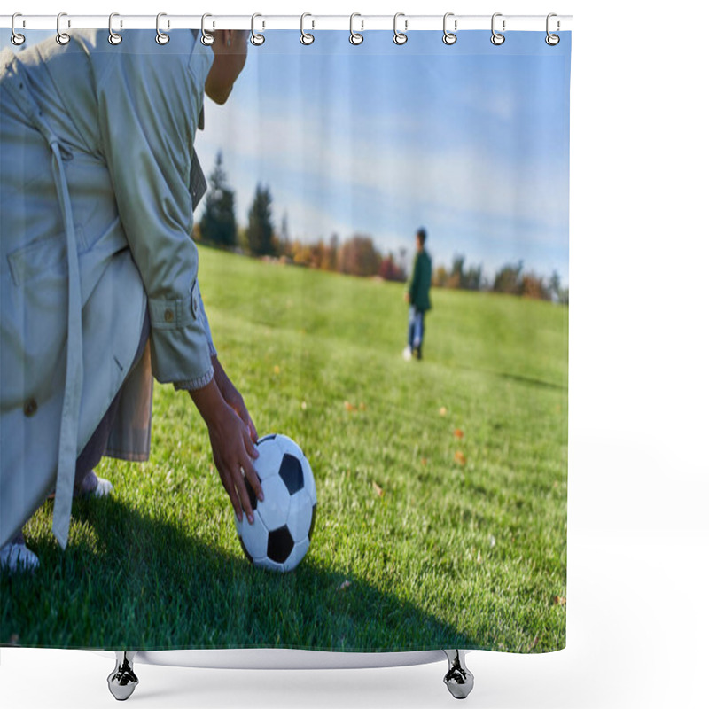 Personality  African American Woman With Soccer Ball, Mother Looking At Son, Blurred Background, Green Field Shower Curtains