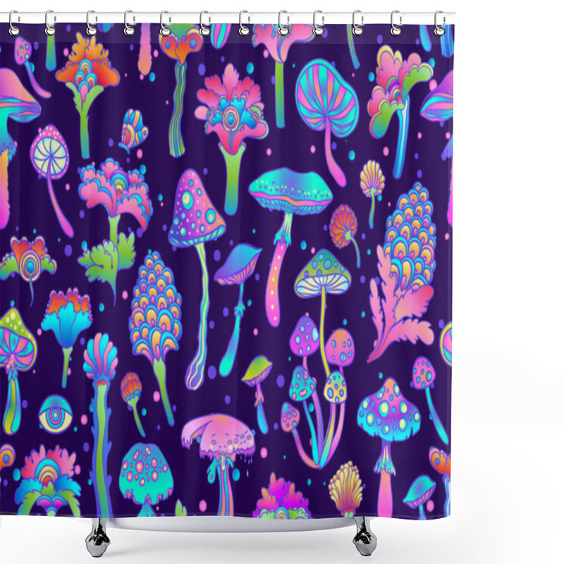 Personality  Colorful Flowersl And Mushrooms Seamless Pattern, Retro 60s, 70s Hippie Style Background. Vintage Psychedelic Textile, Fabric, Wrapping, Wallpaper. Vector Repeating Illustration. Shower Curtains