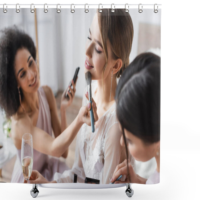 Personality  Young Bride Holding Champagne Glass While Multicultural Bridesmaids Applying Makeup, Blurred Background Shower Curtains