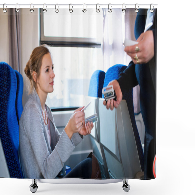 Personality  Woman Having Her Ticket Checked By The Train Conductor Shower Curtains