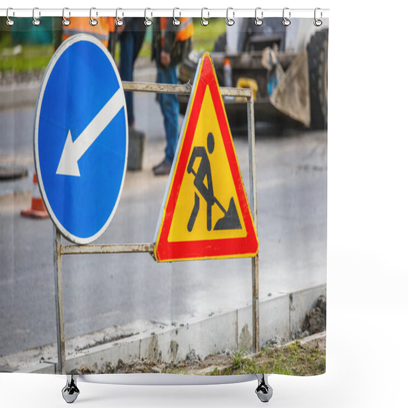 Personality  Road Signs!Road Works With Trucks And Traffic Signs.road Works Road Blocked Signs And Traffic Cones Diversion Access Only;Barriers And Road Signs. Shower Curtains