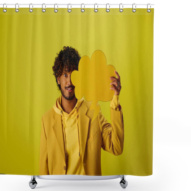 Personality  Handsome Indian Man In Yellow Jacket Holding Speech Bubble Against Vibrant Backdrop. Shower Curtains