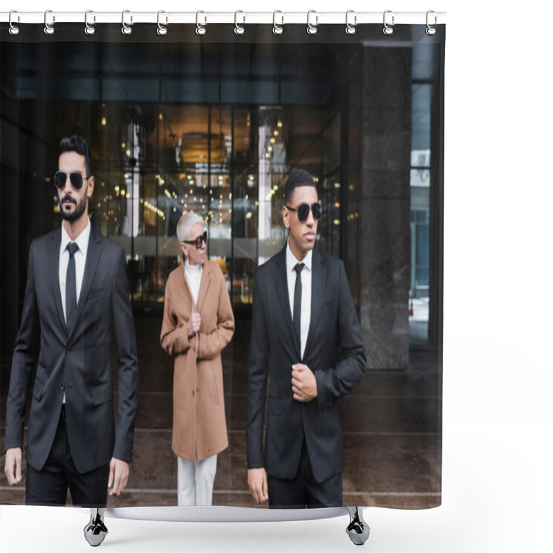 Personality  Multiethnic Bodyguards In Sunglasses Escorting Mature Businesswoman Near Hotel Entrance Shower Curtains