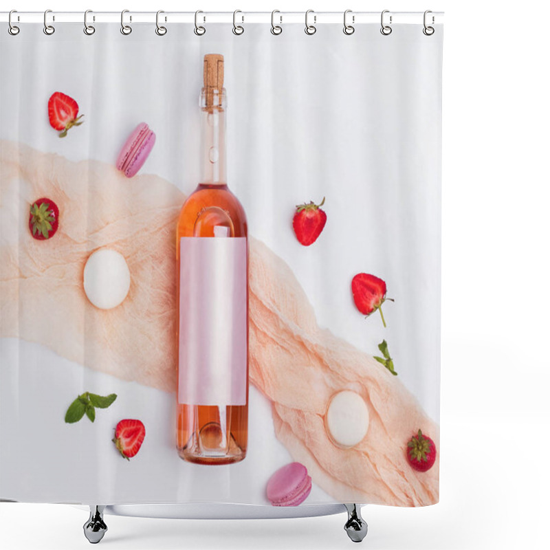 Personality  Rose Wine, Strawberries And French Dessert Macarons On The White Background, Top View Shower Curtains