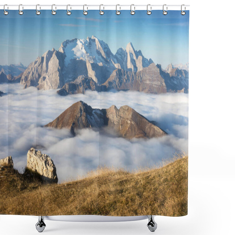 Personality  View Of Famous Dolomites Mountain Peaks Glowing In Beautiful Golden Morning Light At Sunrise In Summer, South Tyrol,Italy Dramatic View Of Dolomites Mountains Above The Clouds Famous Best Alpine Place Shower Curtains