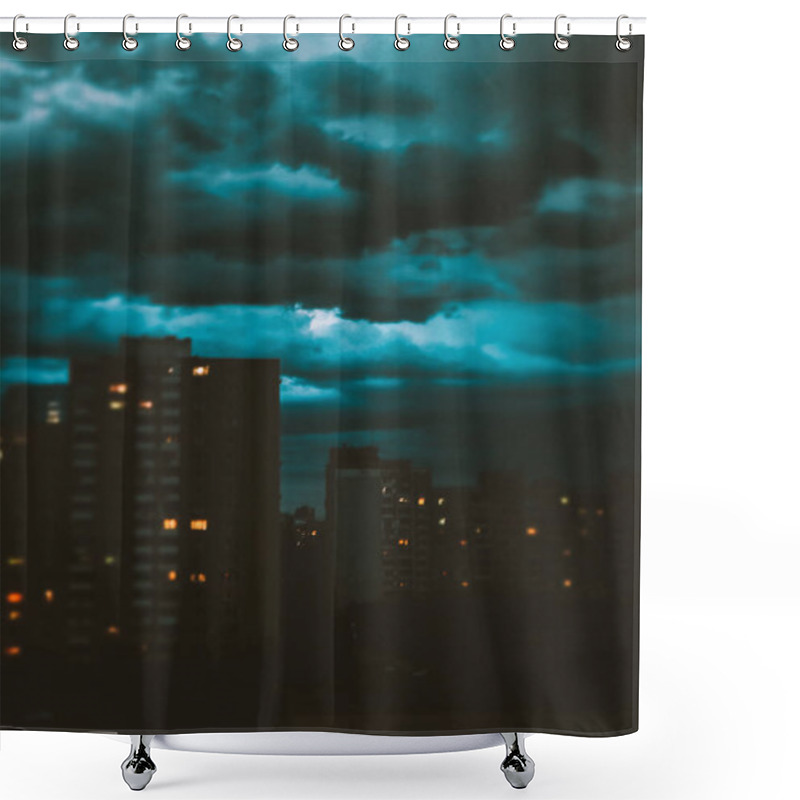 Personality  A Night City With Multi-story Apartment Buildings Under Dark Blue Stormy Night Cloudy Sky. Lights Are Burning In The Windows. Bedroom Sleepy Community Shower Curtains