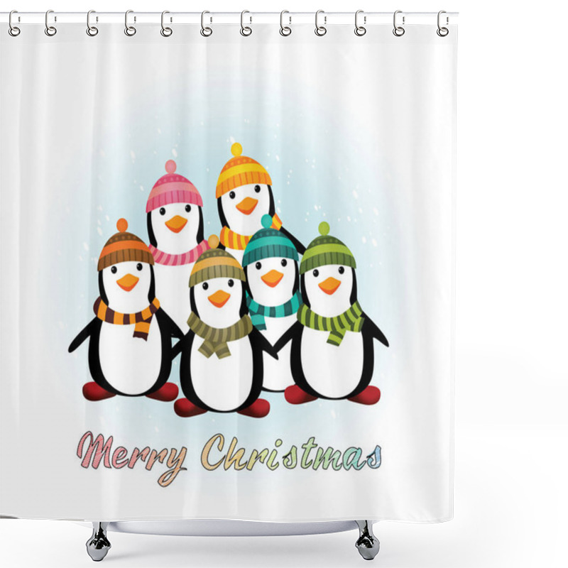 Personality  Christmas Card With Penguins Shower Curtains