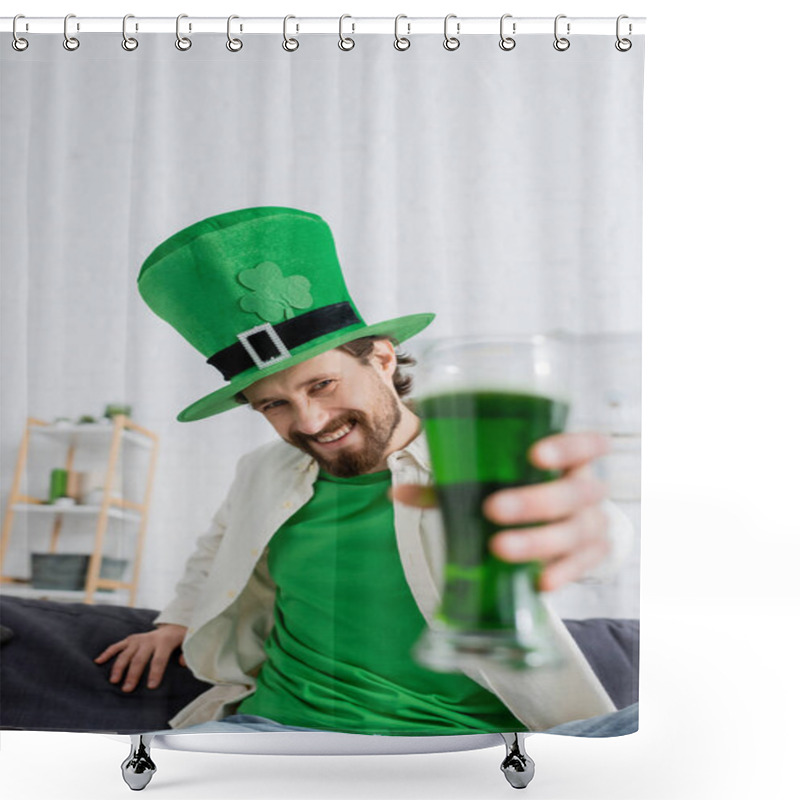 Personality  Smiling Man In Hat Holding Blurred Green Beer During Saint Patrick Celebration At Home  Shower Curtains