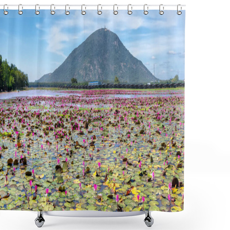 Personality  Fields Water Lilies Bloom Season In A Large Flooded Lagoon. The Background Of Black Virgin Mountain, Tay Ninh Is The Highest In The Southeast Region Of Vietnam Shower Curtains