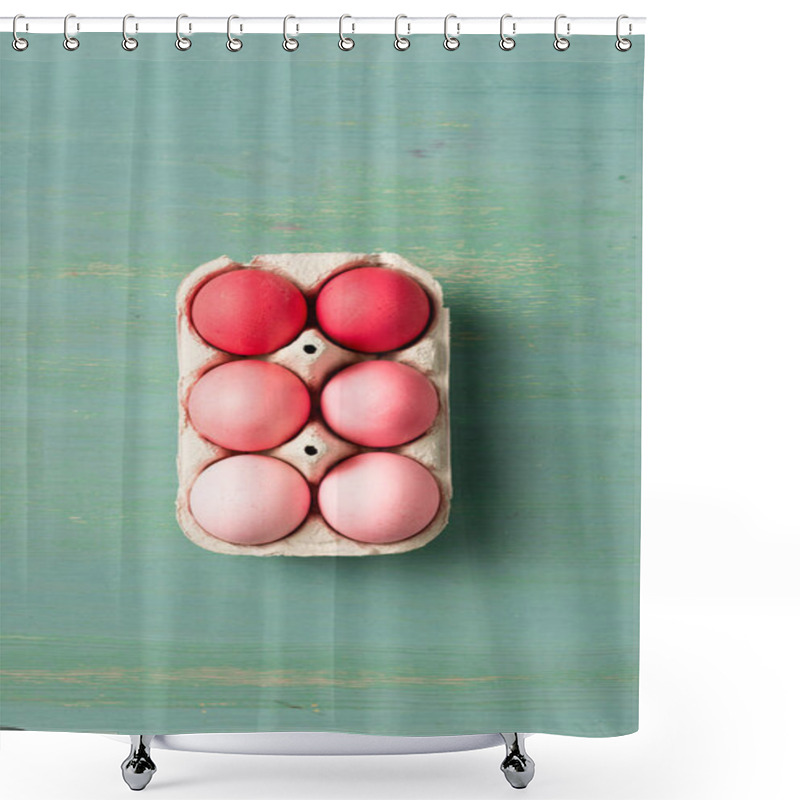 Personality  Top View Of Painted Easter Eggs In Cardboard Carrier On Textured Surface Shower Curtains