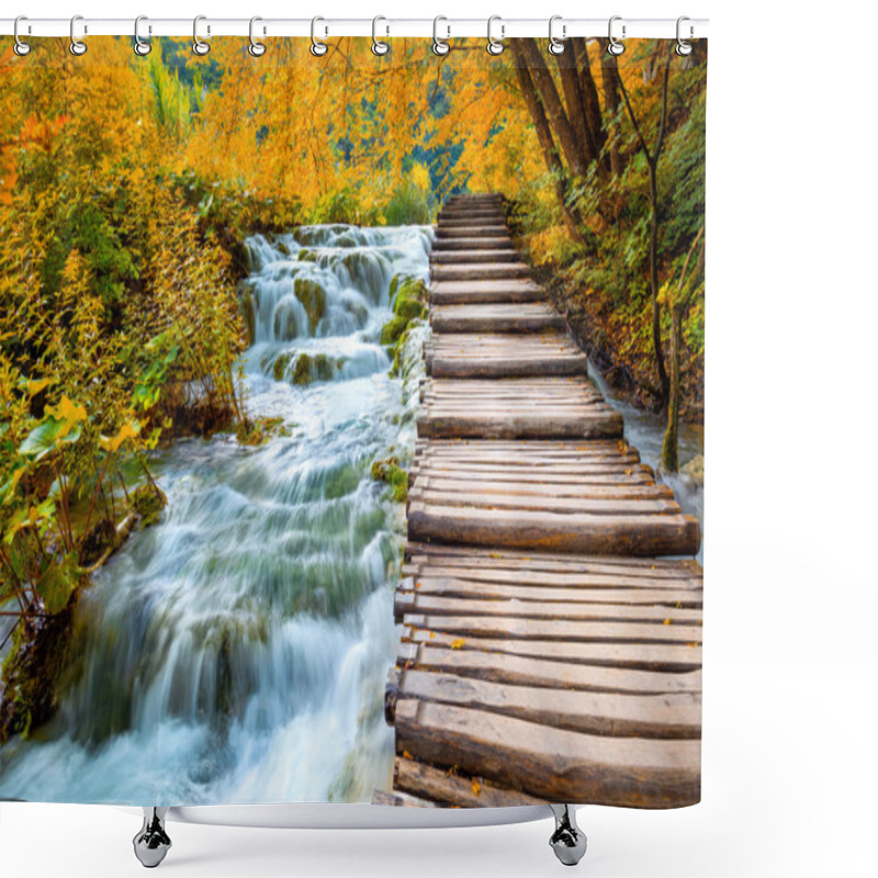 Personality  Scenic Waterfalls And Wooden Path -  Fall Season Shower Curtains