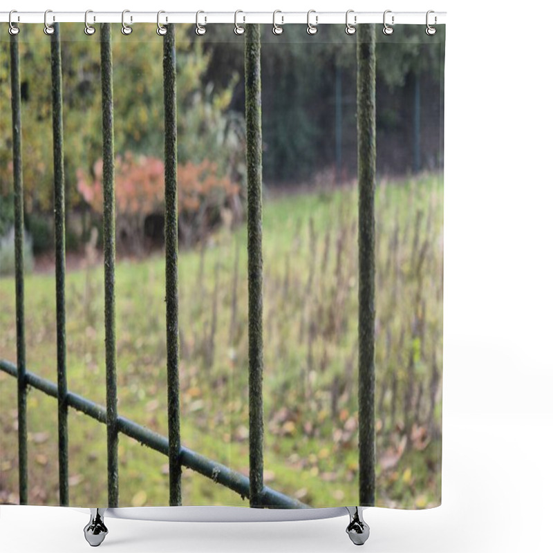 Personality  Park Trees And Bushes Behind Grid Fence Shower Curtains