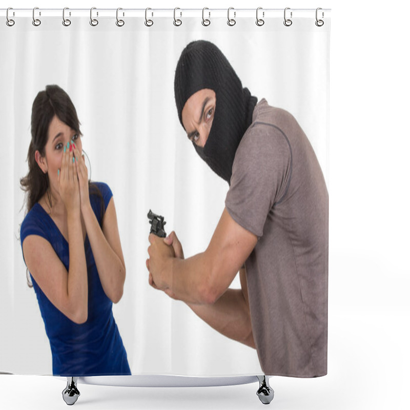 Personality  Male Thief With Gun Ready To Rob Young Girl Shower Curtains